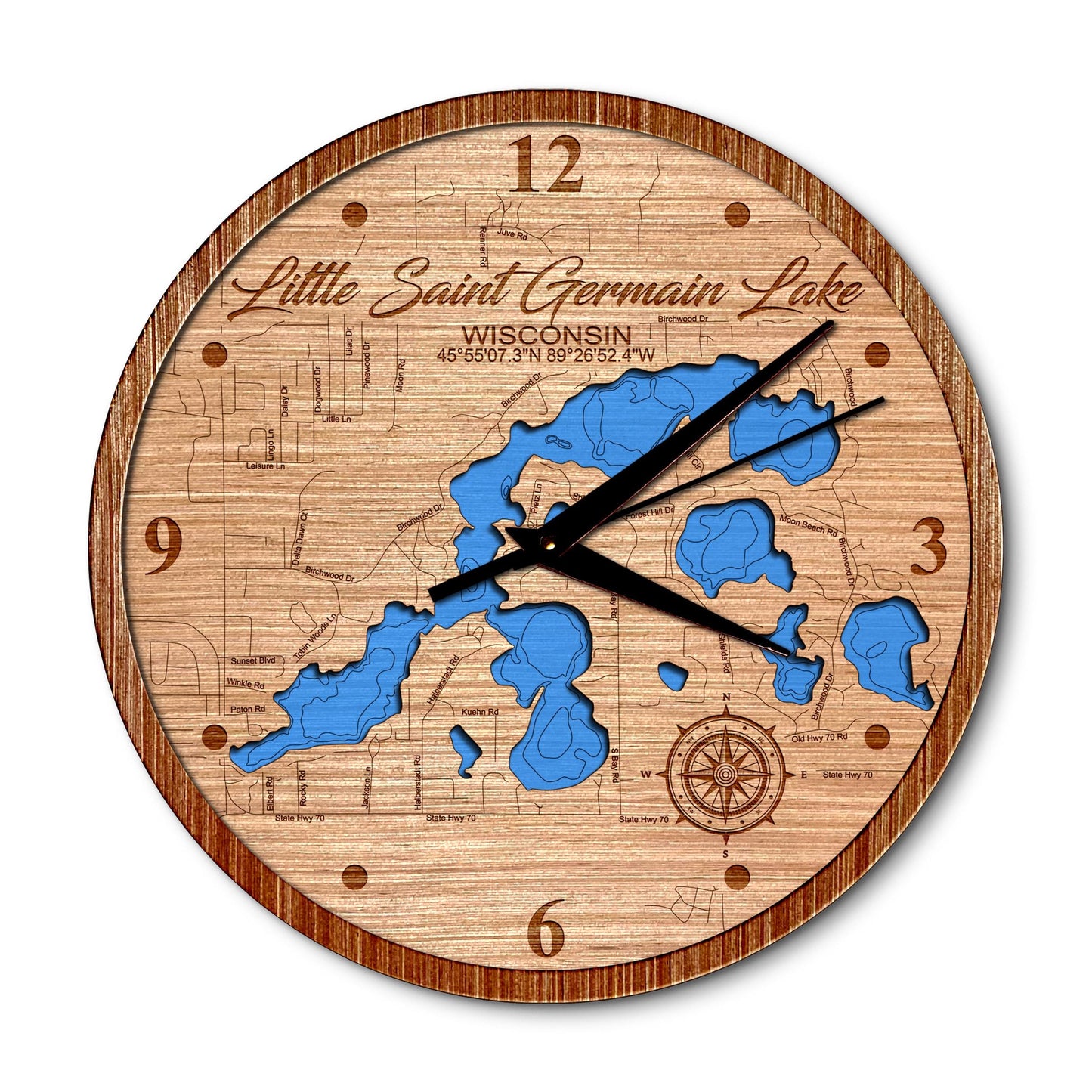 Little Saint Germain Lake, Wisconsin 14in Layered Map Clock - Any Lake, Pond, or Reservoir - Unique Home Decor