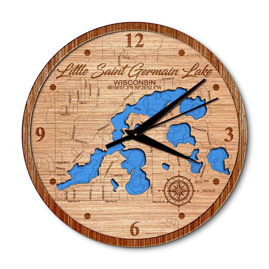 Little Saint Germain Lake, Wisconsin 14in Layered Map Clock - Any Lake, Pond, or Reservoir - Unique Home Decor