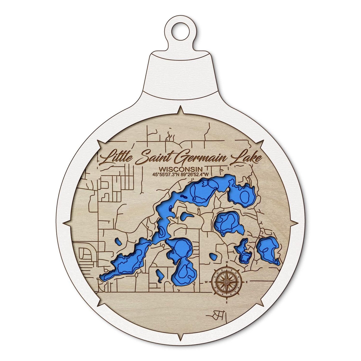 Little Saint Germain Lake, Wisconsin Custom 3D Layered Wood Lake Map Ornament | Handcrafted Bathymetric Art