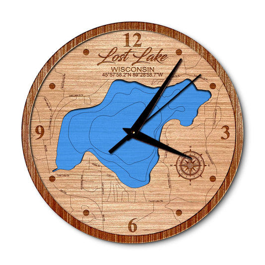 Lost Lake, Wisconsin 14in Layered Map Clock - Any Lake, Pond, or Reservoir - Unique Home Decor