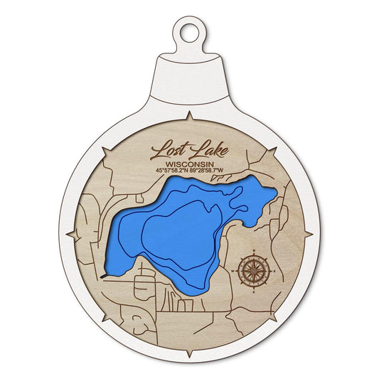 Lost Lake, Wisconsin Custom 3D Layered Wood Lake Map Ornament | Handcrafted Bathymetric Art