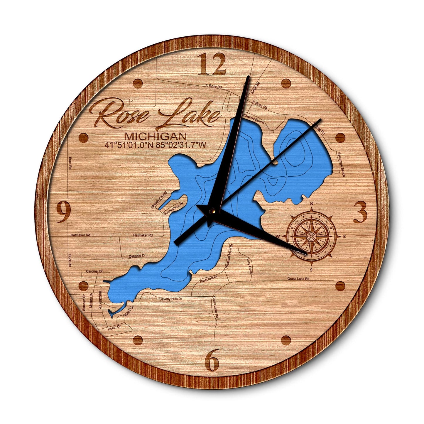 Rose Lake, Michigan 14in Layered Map Clock - Any Lake, Pond, or Reservoir - Unique Home Decor