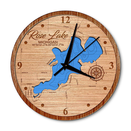 Rose Lake, Michigan 14in Layered Map Clock - Any Lake, Pond, or Reservoir - Unique Home Decor
