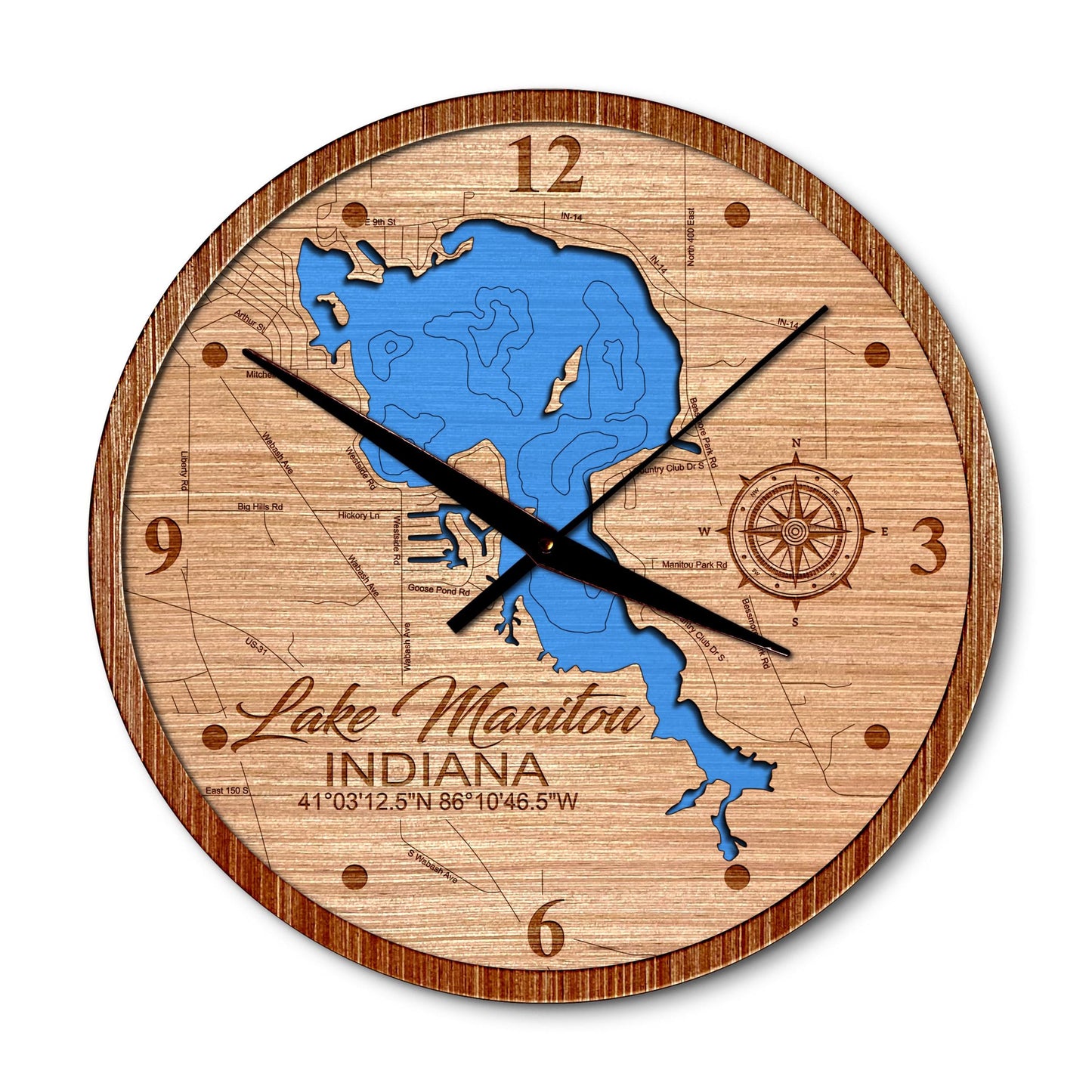 Lake Manitou, Indiana 14in Layered Map Clock - Any Lake, Pond, or Reservoir - Unique Home Decor