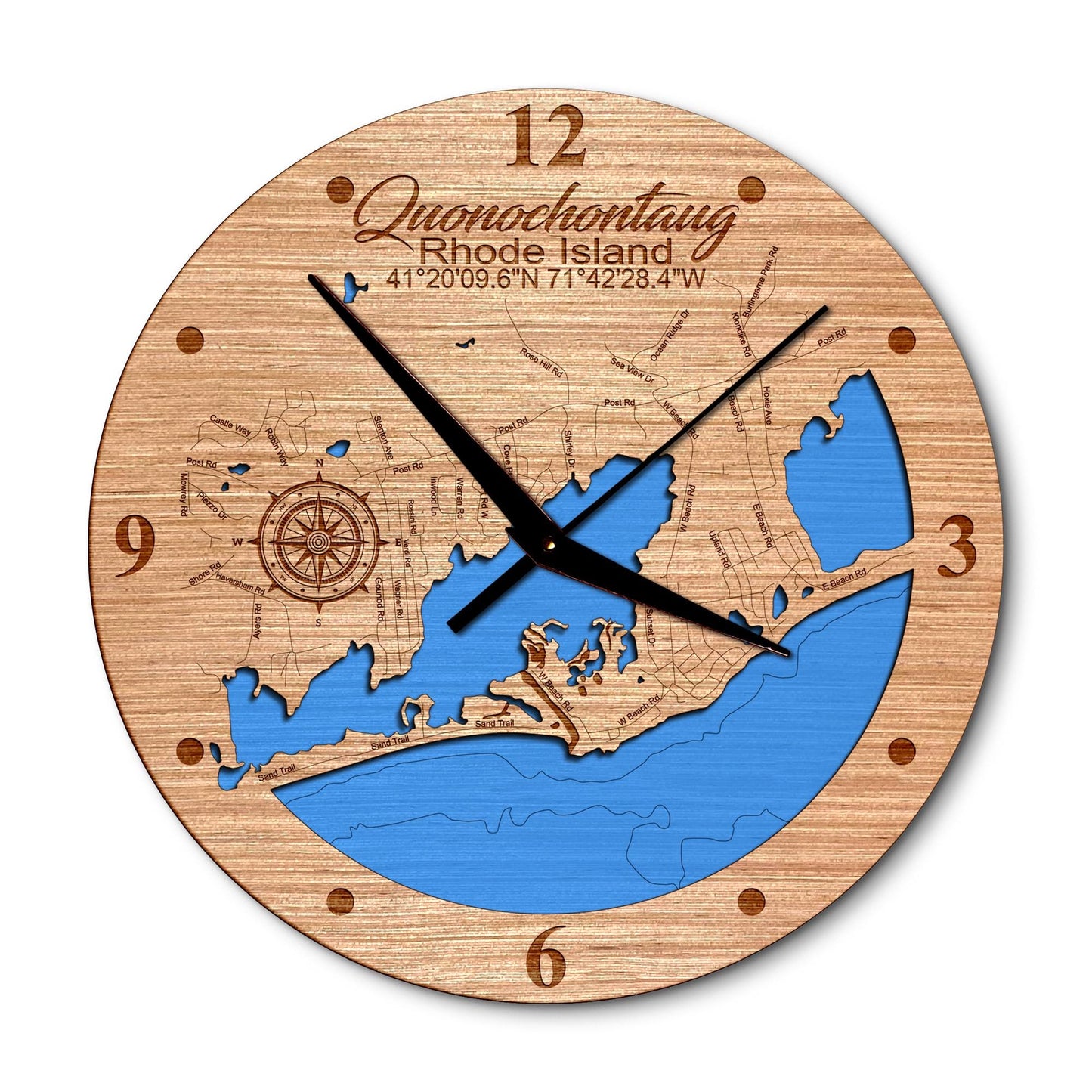 Quonochontaug, Rhode Island 14in Layered Map Clock - Any Lake, Pond, or Reservoir - Unique Home Decor