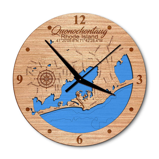 Quonochontaug, Rhode Island 14in Layered Map Clock - Any Lake, Pond, or Reservoir - Unique Home Decor