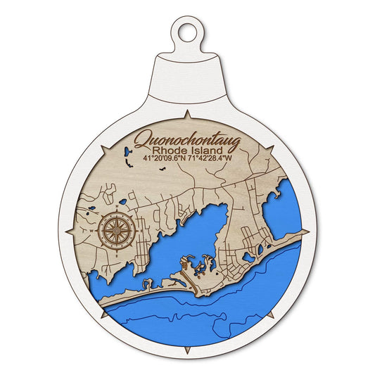 Quonochontaug, Rhode Island Custom 3D Layered Wood Lake Map Ornament | Handcrafted Bathymetric Art