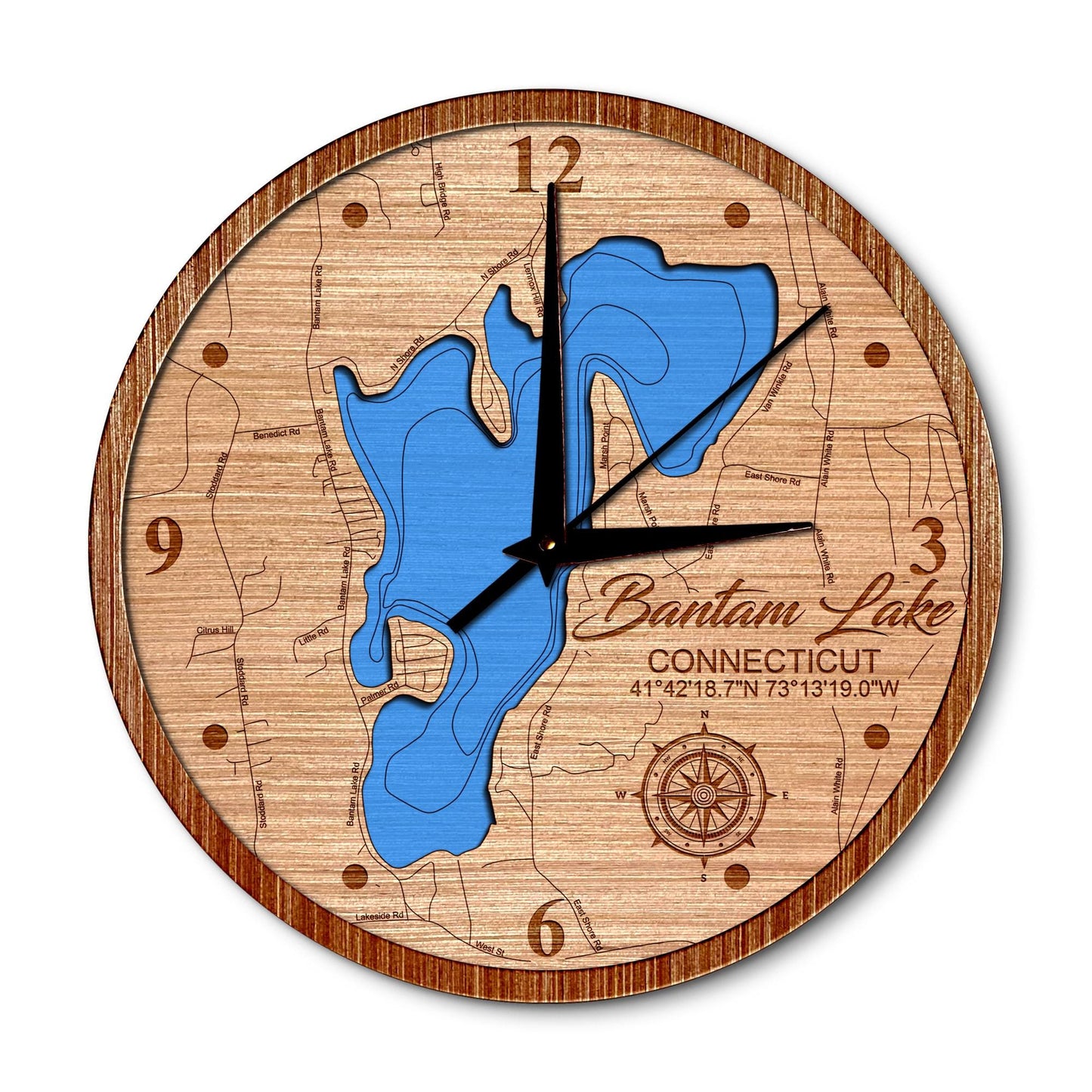 Bantam Lake, Connecticut 14in Layered Map Clock - Any Lake, Pond, or Reservoir - Unique Home Decor