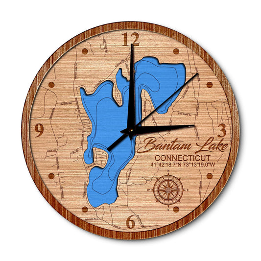 Bantam Lake, Connecticut 14in Layered Map Clock - Any Lake, Pond, or Reservoir - Unique Home Decor