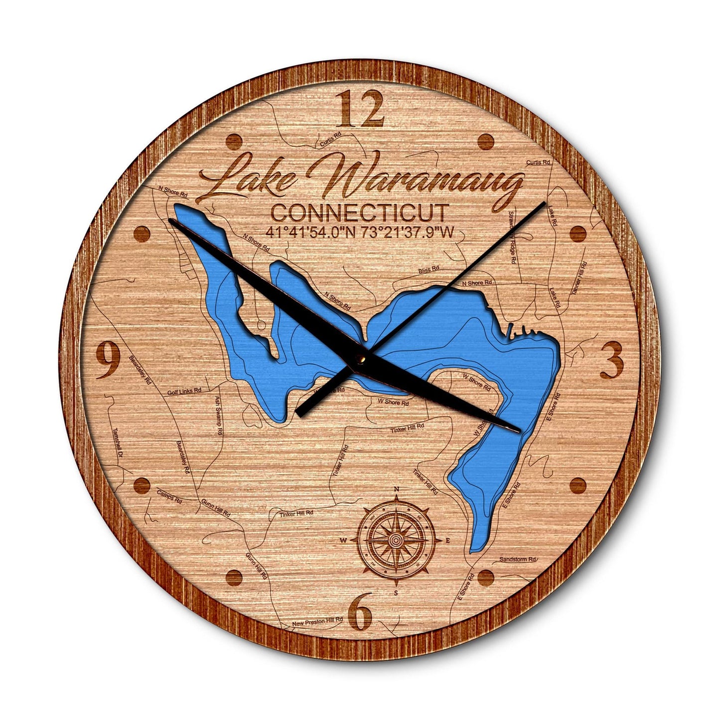 Lake Waramaug, Connecticut 14in Layered Map Clock - Any Lake, Pond, or Reservoir - Unique Home Decor