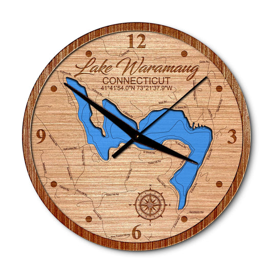 Lake Waramaug, Connecticut 14in Layered Map Clock - Any Lake, Pond, or Reservoir - Unique Home Decor
