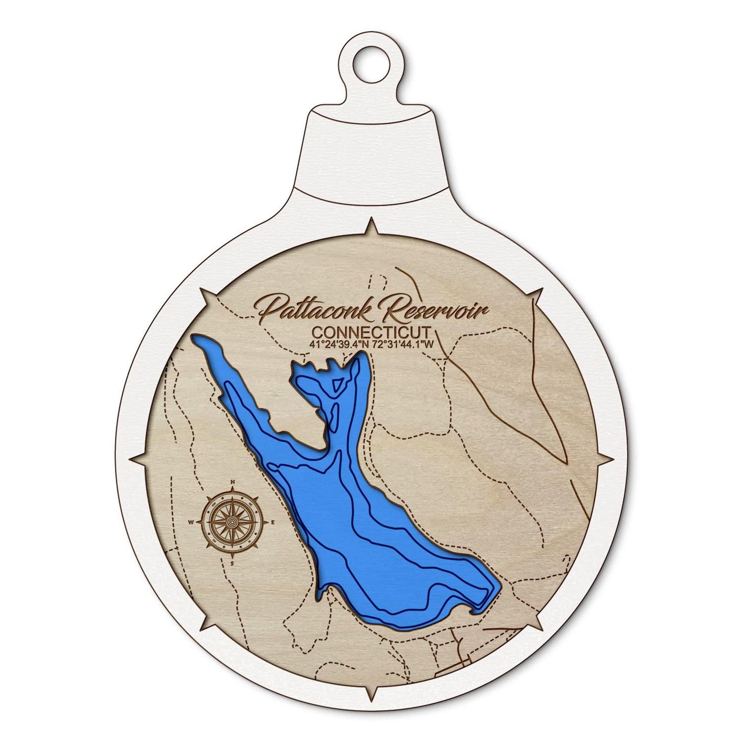 Pattaconk Reservoir, Connecticut Custom 3D Layered Wood Lake Map Ornament | Handcrafted Bathymetric Art