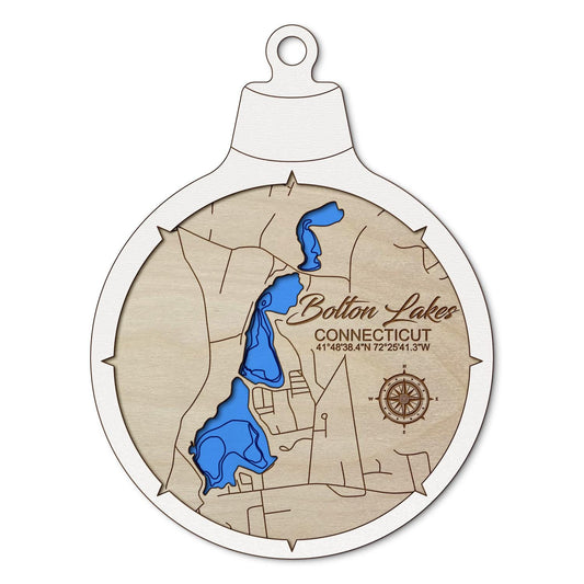 Bolton Lakes, Connecticut Custom 3D Layered Wood Lake Map Ornament | Handcrafted Bathymetric Art