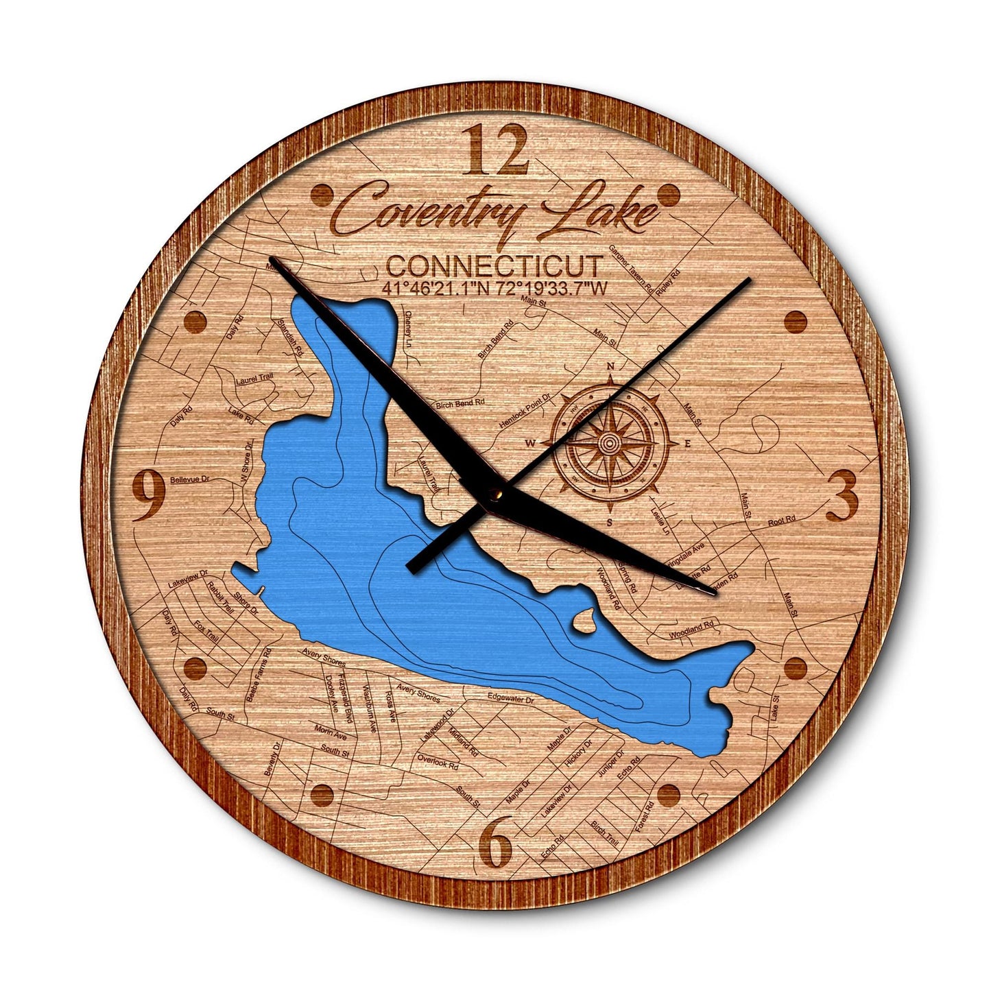 Coventry(Wangumbaug) Lake, Connecticut 14in Layered Map Clock - Any Lake, Pond, or Reservoir - Unique Home Decor