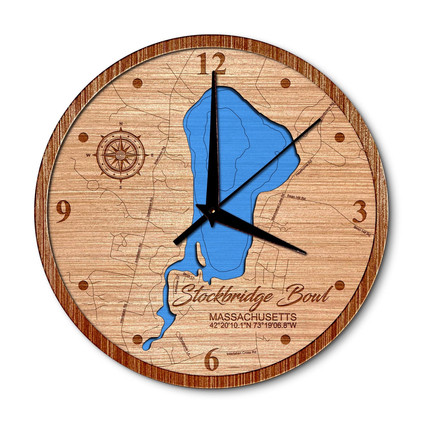 Mahkeenac Lake(Stockbridge Bowl), Massachusetts 14in Layered Map Clock - Any Lake, Pond, or Reservoir - Unique Home Decor