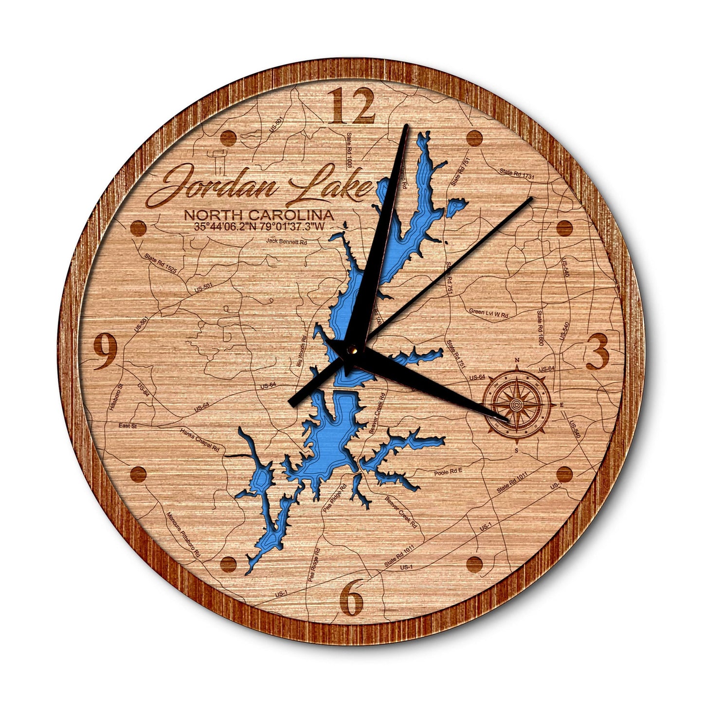 Jordan Lake, North Carolina 14in Layered Map Clock - Any Lake, Pond, or Reservoir - Unique Home Decor