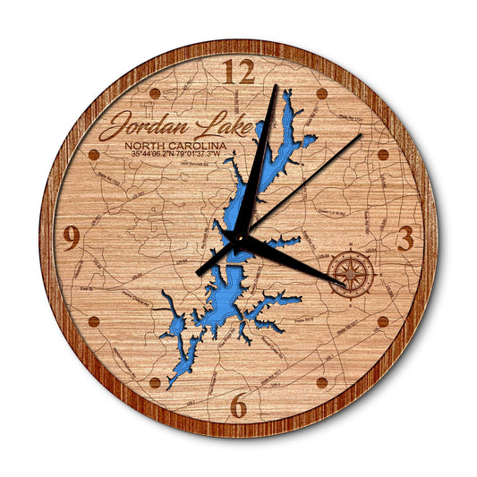 Jordan Lake, North Carolina 14in Layered Map Clock - Any Lake, Pond, or Reservoir - Unique Home Decor