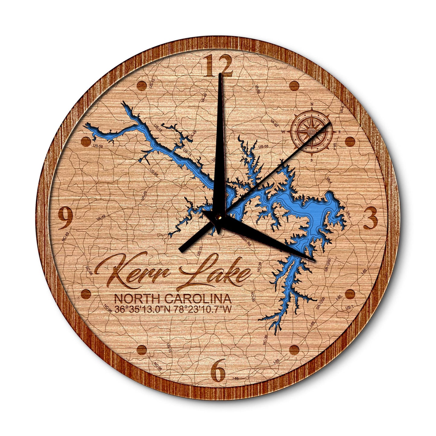 Kerr Lake, North Carolina 14in Layered Map Clock - Any Lake, Pond, or Reservoir - Unique Home Decor