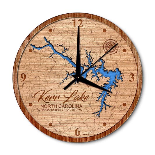 Kerr Lake, North Carolina 14in Layered Map Clock - Any Lake, Pond, or Reservoir - Unique Home Decor