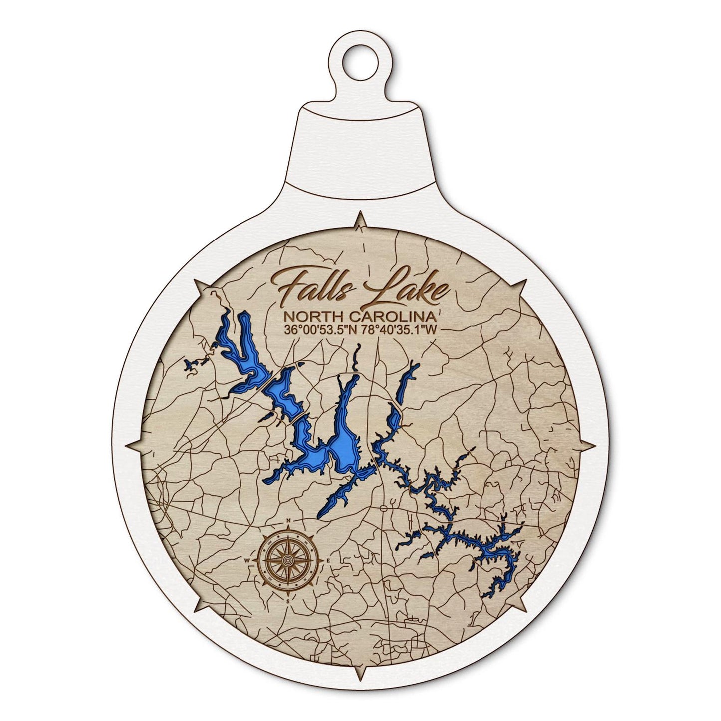 Falls Lake, North Carolina Custom 3D Layered Wood Lake Map Ornament | Handcrafted Bathymetric Art