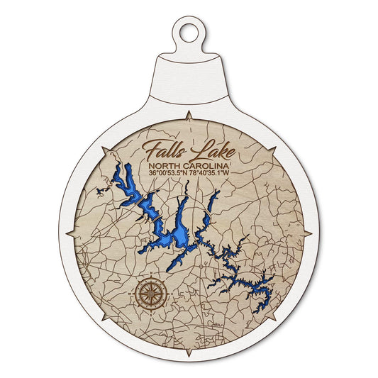 Falls Lake, North Carolina Custom 3D Layered Wood Lake Map Ornament | Handcrafted Bathymetric Art