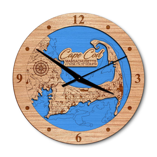 Cape Cod, Massachusetts 14in Layered Map Clock - Any Lake, Pond, or Reservoir - Unique Home Decor