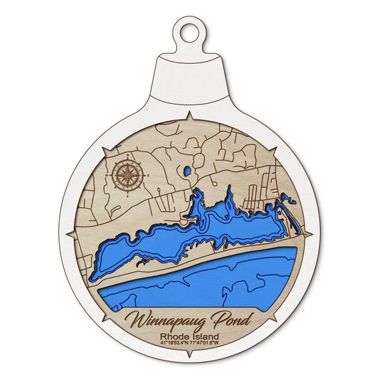Winnapaug Pond, Rhode Island Custom 3D Layered Wood Lake Map Ornament | Handcrafted Bathymetric Art