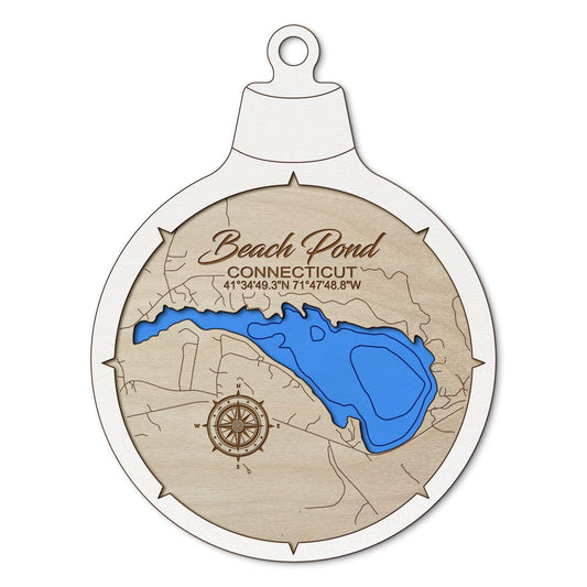 Beach Pond, Connecticut Custom 3D Layered Wood Lake Map Ornament | Handcrafted Bathymetric Art