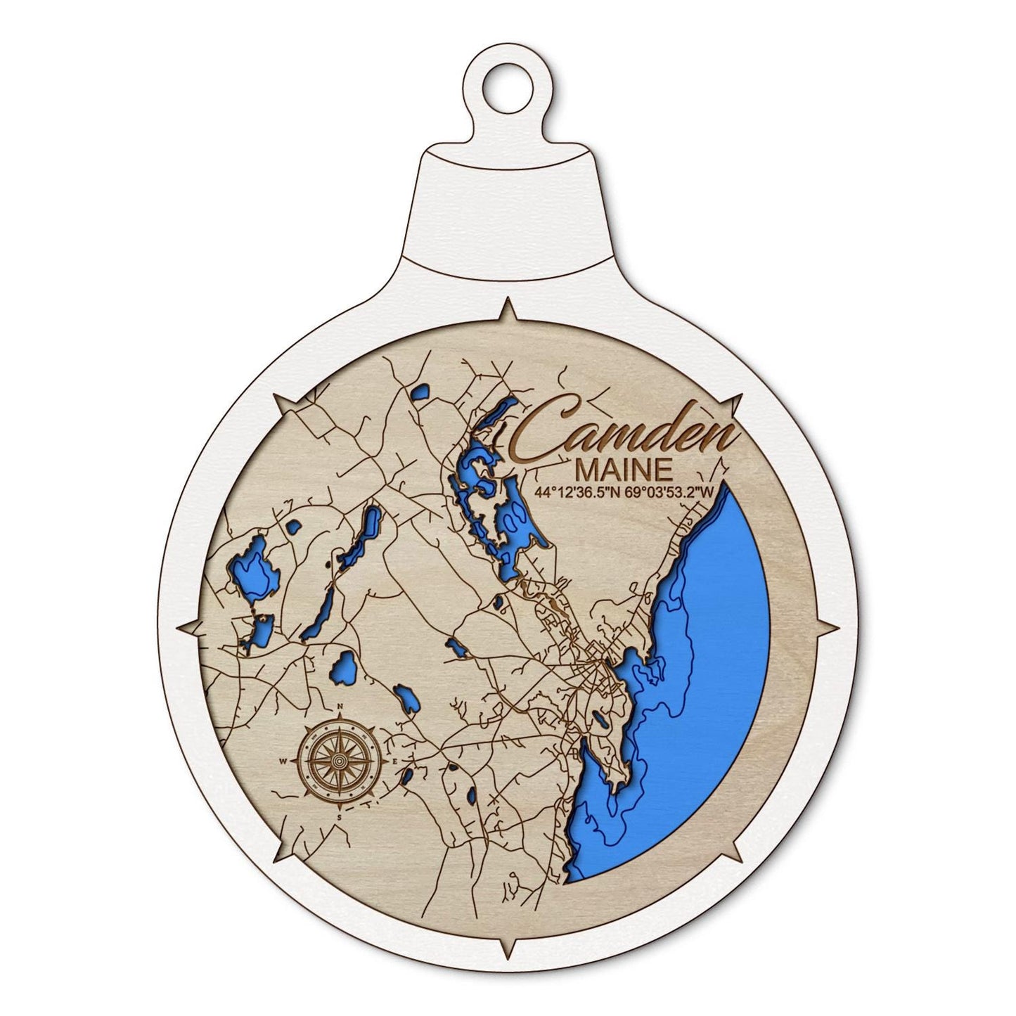 Camden Shoreline, Maine Custom 3D Layered Wood Lake Map Ornament | Handcrafted Bathymetric Art