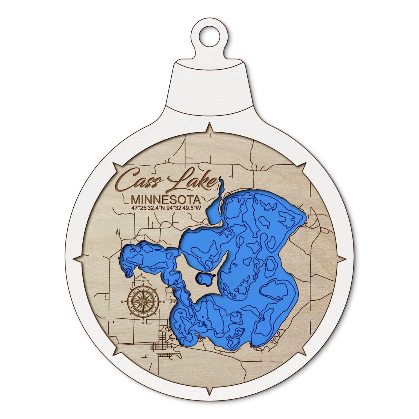 Cass Lake, Minnesota Custom 3D Layered Wood Lake Map Ornament | Handcrafted Bathymetric Art