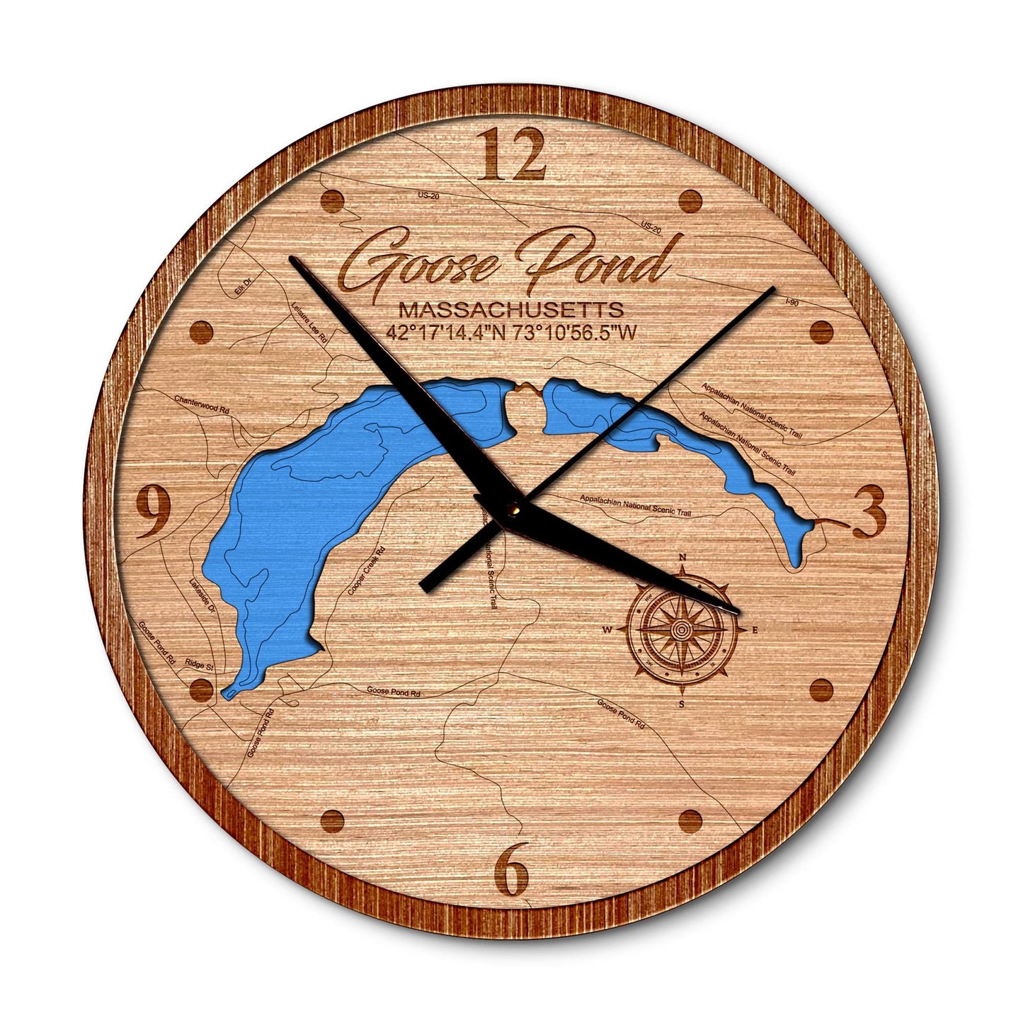 Goose Pond & Upper Goose Pond, Massachusetts 14in Layered Map Clock - Any Lake, Pond, or Reservoir - Unique Home Decor