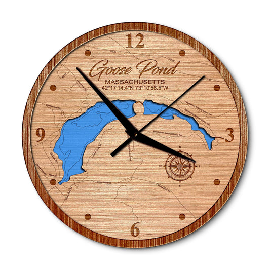 Goose Pond & Upper Goose Pond, Massachusetts 14in Layered Map Clock - Any Lake, Pond, or Reservoir - Unique Home Decor