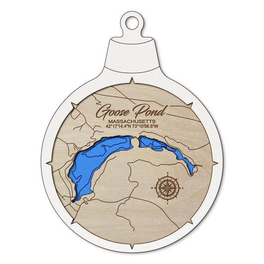 Goose Pond & Upper Goose Pond, Massachusetts Custom 3D Layered Wood Lake Map Ornament | Handcrafted Bathymetric Art