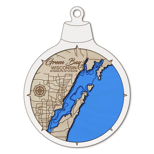 Green Bay in Lake Michigan, Wisconsin Custom 3D Layered Wood Lake Map Ornament | Handcrafted Bathymetric Art