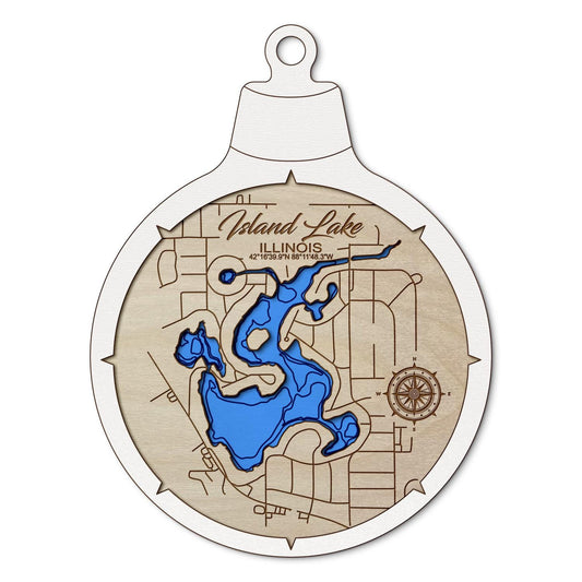 Island Lake, Illinois Custom 3D Layered Wood Lake Map Ornament | Handcrafted Bathymetric Art