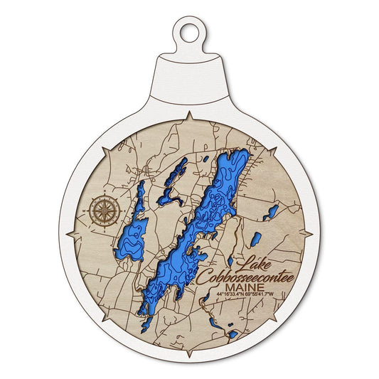 Lake Cobbosseecontee, Maine Custom 3D Layered Wood Lake Map Ornament | Handcrafted Bathymetric Art