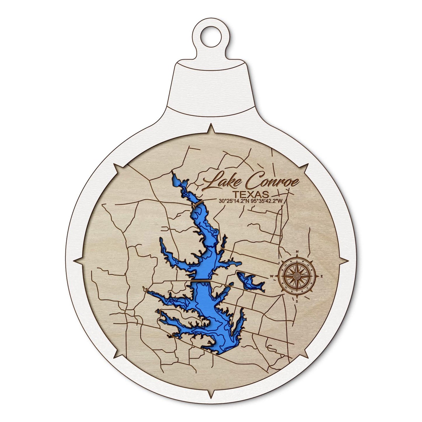 Lake Conroe, Texas Custom 3D Layered Wood Lake Map Ornament | Handcrafted Bathymetric Art