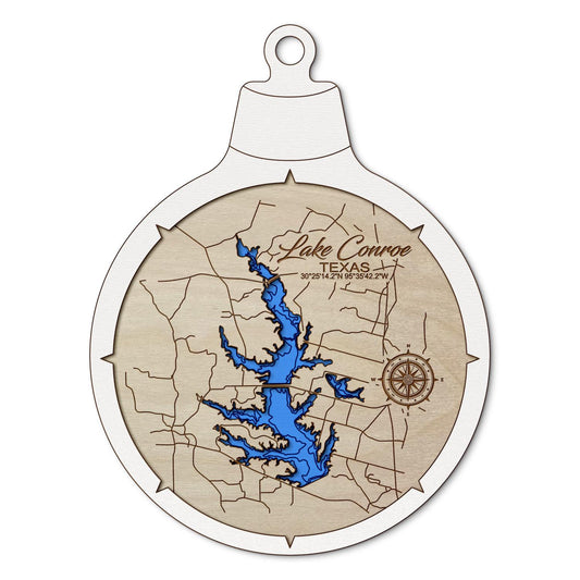 Lake Conroe, Texas Custom 3D Layered Wood Lake Map Ornament | Handcrafted Bathymetric Art