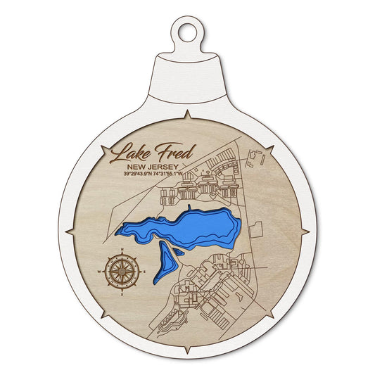 Lake Fred, New Jersey Custom 3D Layered Wood Lake Map Ornament | Handcrafted Bathymetric Art