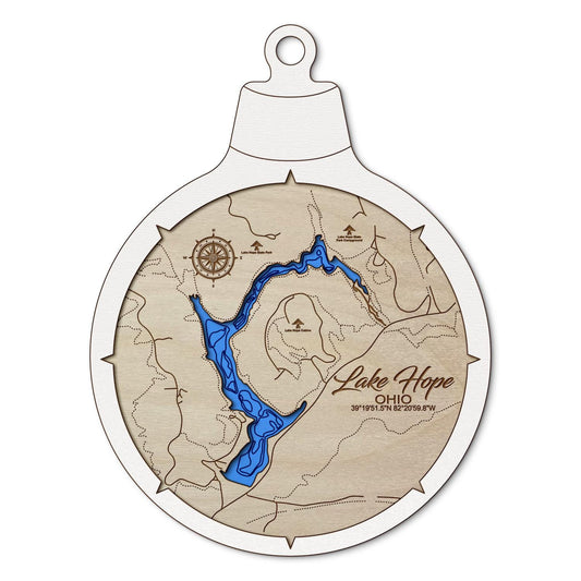 Lake Hope, Ohio Custom 3D Layered Wood Lake Map Ornament | Handcrafted Bathymetric Art