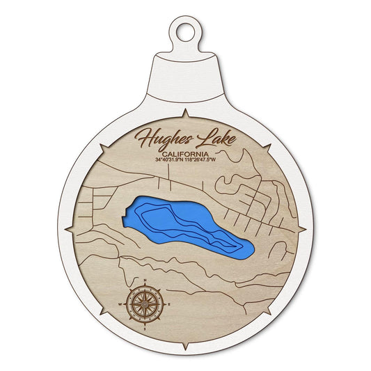 Lake Hughes, California Custom 3D Layered Wood Lake Map Ornament | Handcrafted Bathymetric Art