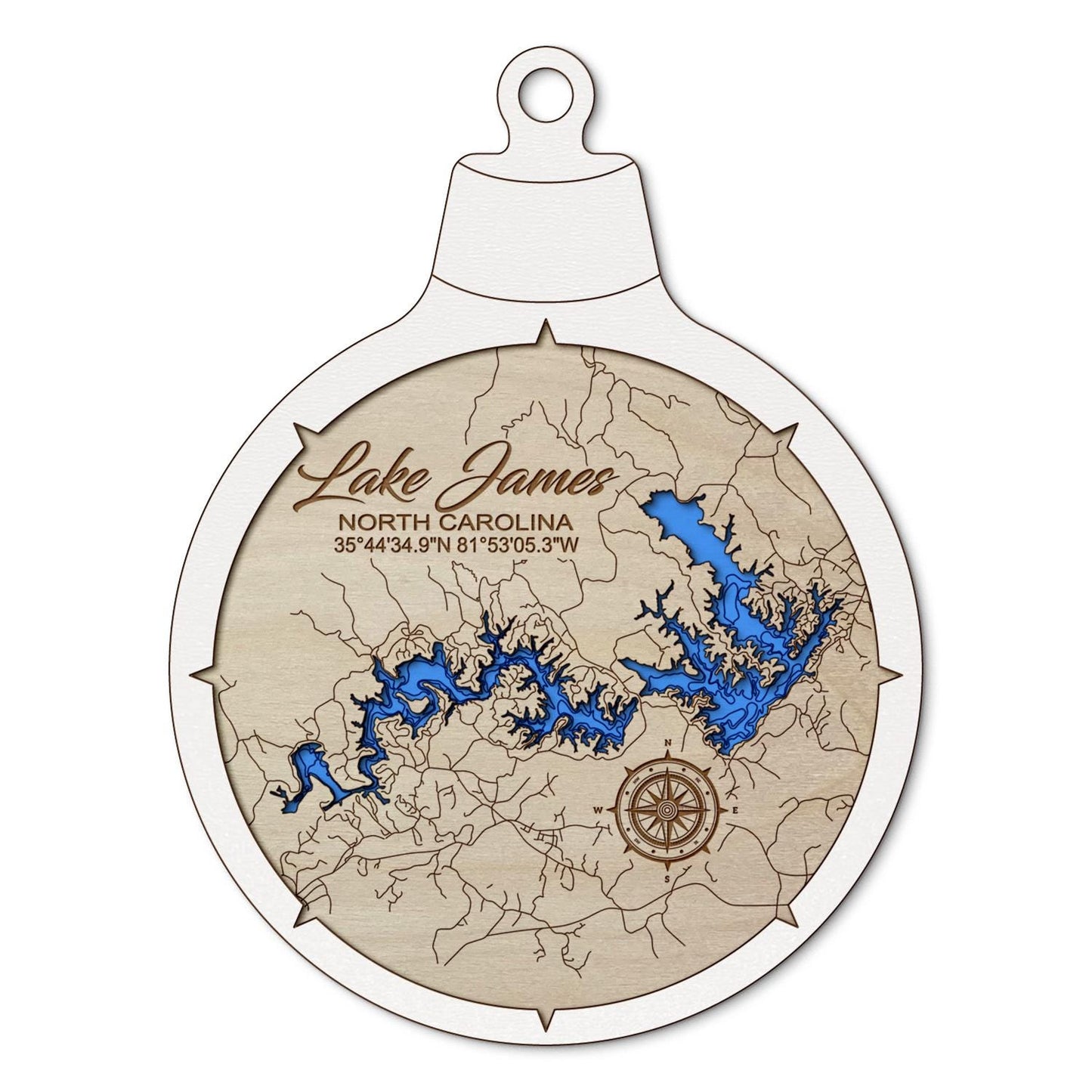 Lake James, North Carolina Custom 3D Layered Wood Lake Map Ornament | Handcrafted Bathymetric Art