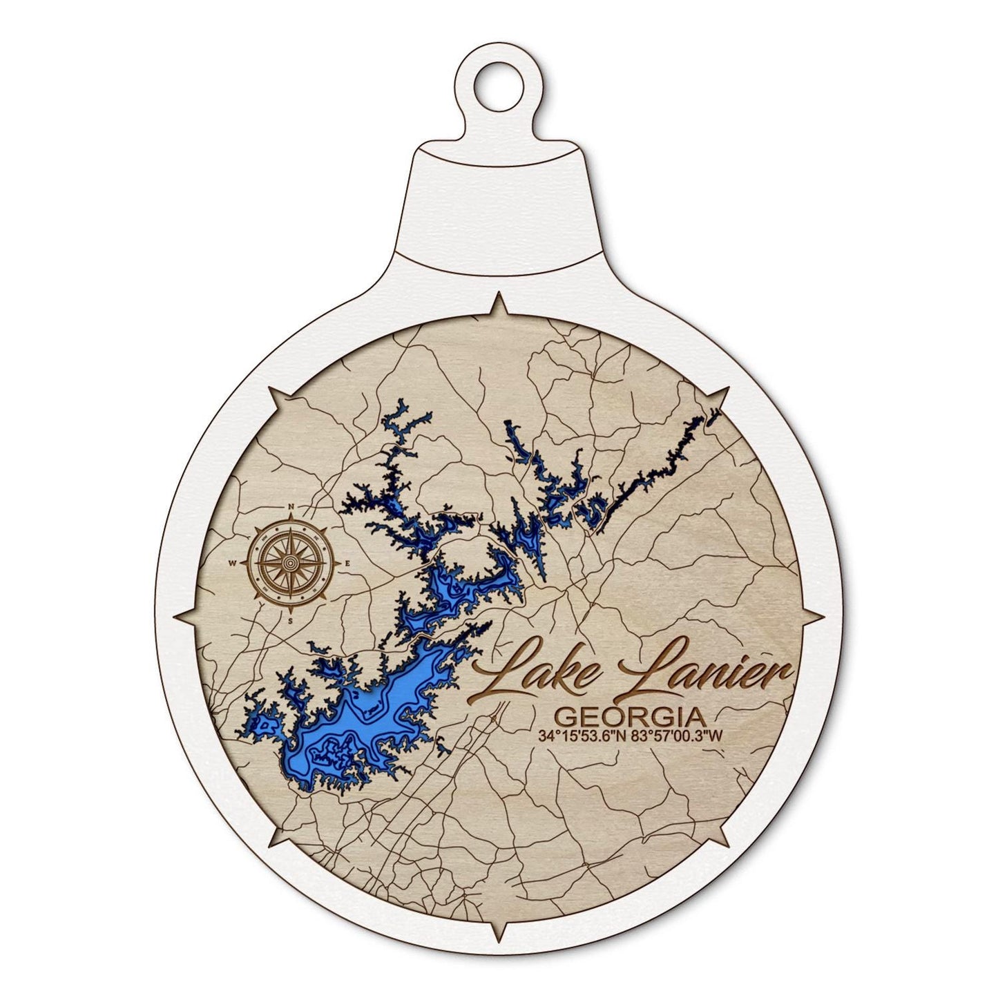 Lake Lanier, Georgia Custom 3D Layered Wood Lake Map Ornament | Handcrafted Bathymetric Art