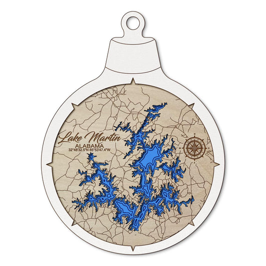 Lake Martin, Alabama Custom 3D Layered Wood Lake Map Ornament | Handcrafted Bathymetric Art