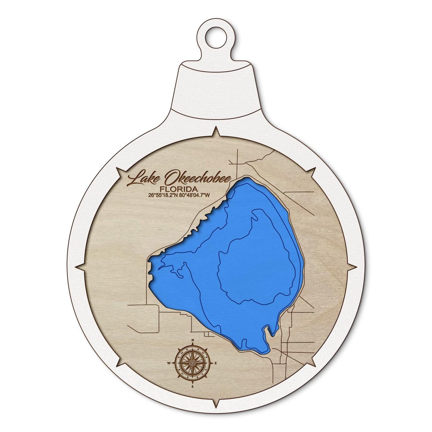 Lake Okeechobee, Florida Custom 3D Layered Wood Lake Map Ornament | Handcrafted Bathymetric Art
