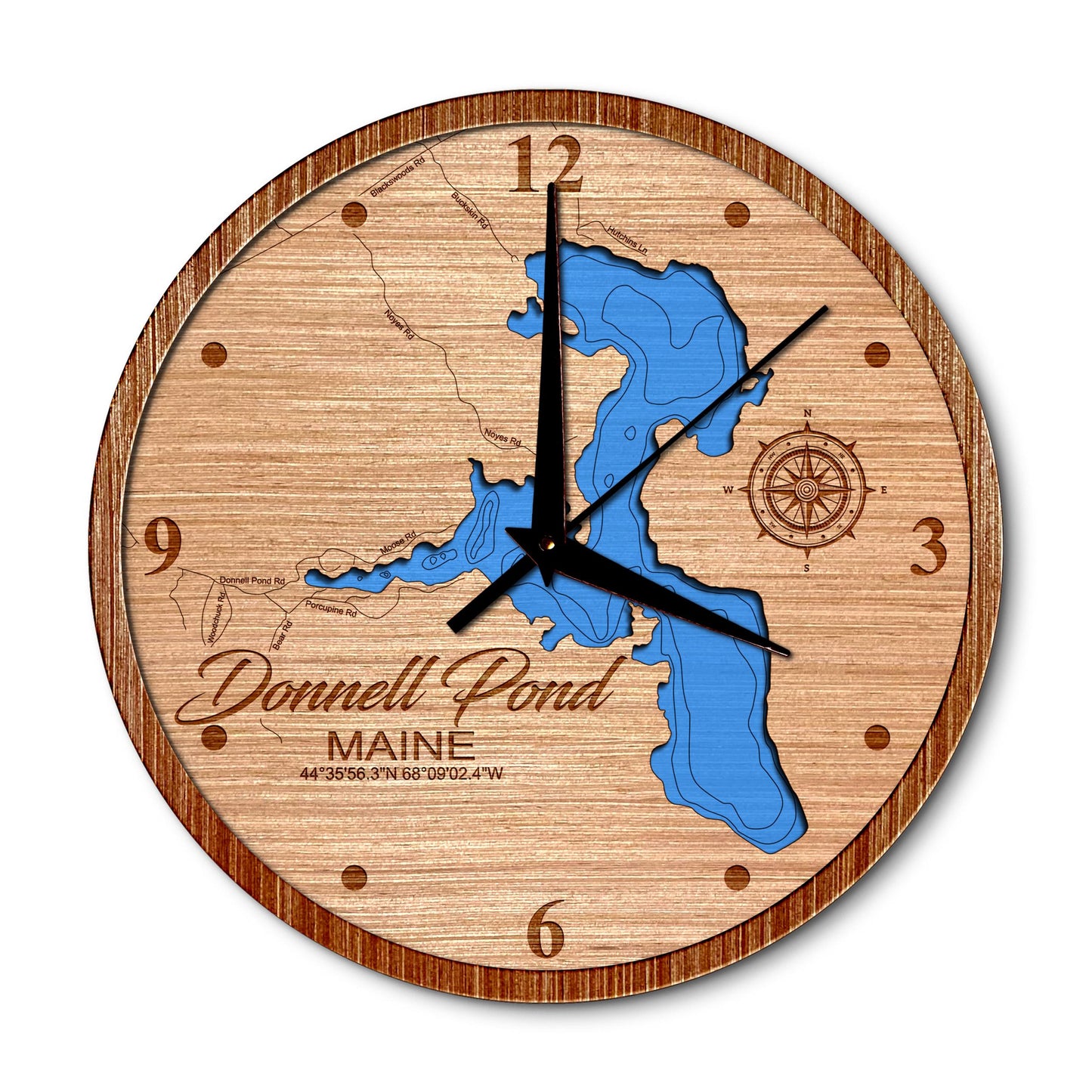 Donnell Pond, Maine 14in Layered Map Clock - Any Lake, Pond, or Reservoir - Unique Home Decor