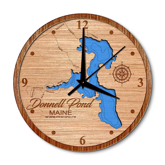 Donnell Pond, Maine 14in Layered Map Clock - Any Lake, Pond, or Reservoir - Unique Home Decor