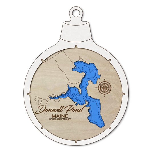 Donnell Pond, Maine Custom 3D Layered Wood Lake Map Ornament | Handcrafted Bathymetric Art