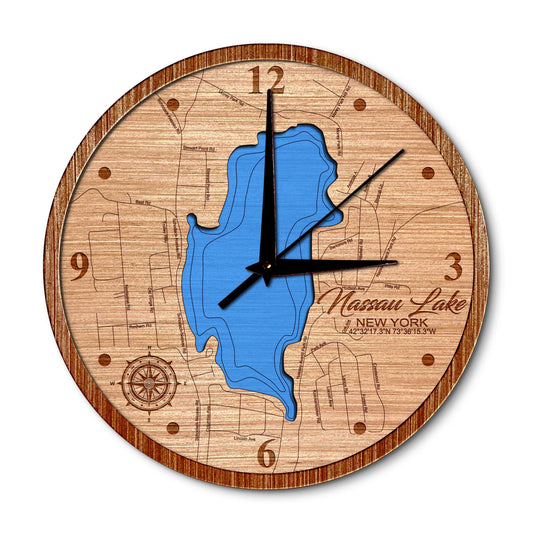 Nassau Lake, New York 14in Layered Map Clock - Any Lake, Pond, or Reservoir - Unique Home Decor
