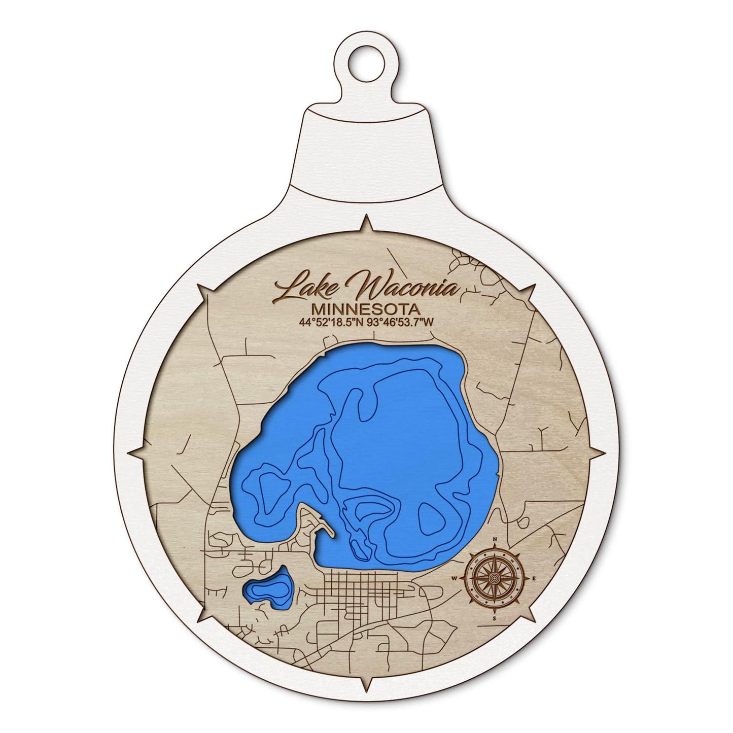 Lake Waconia, Minnesota Custom 3D Layered Wood Lake Map Ornament | Handcrafted Bathymetric Art